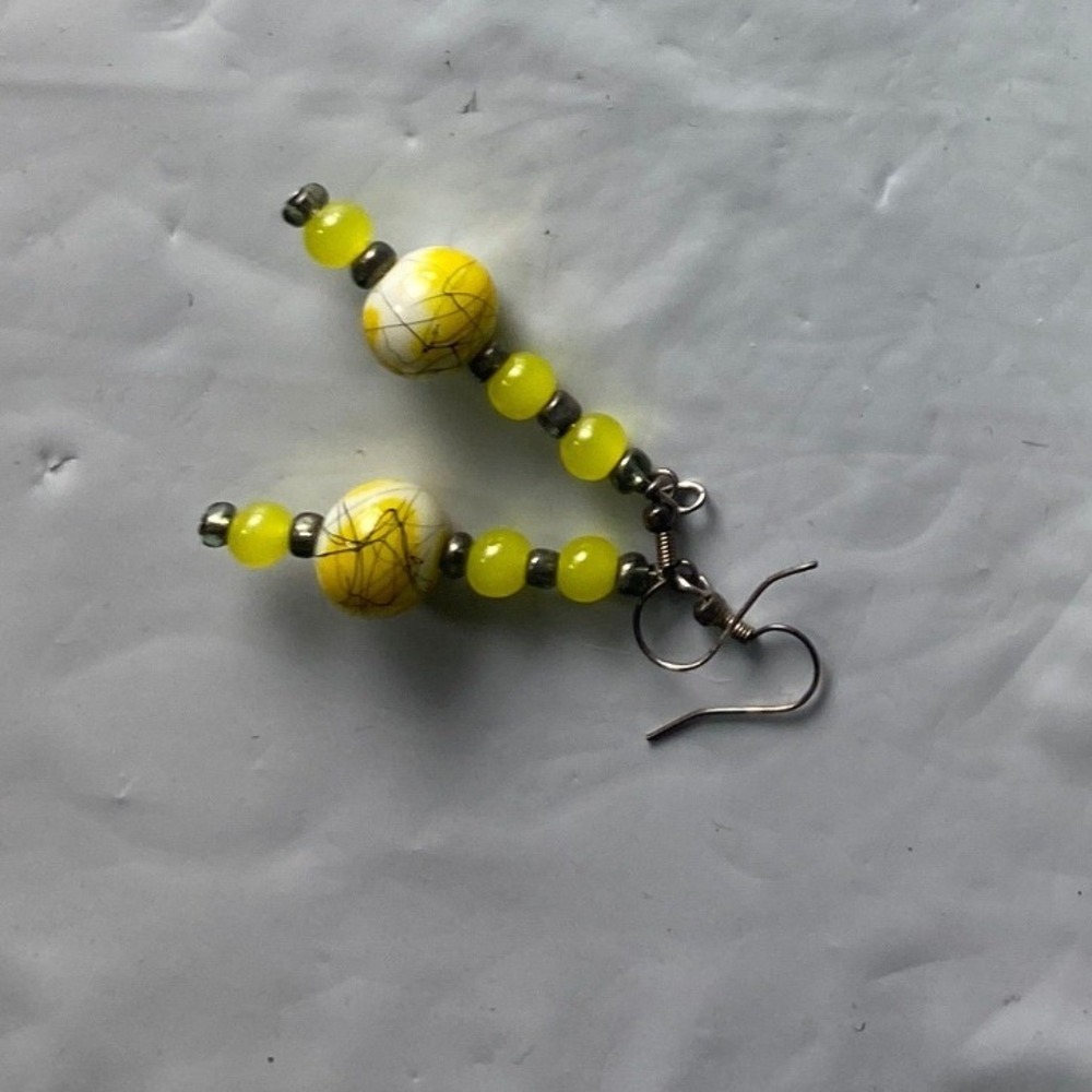 Yellow Beaded‎ Dangle Earrings with White Accents and Silver Hooks
